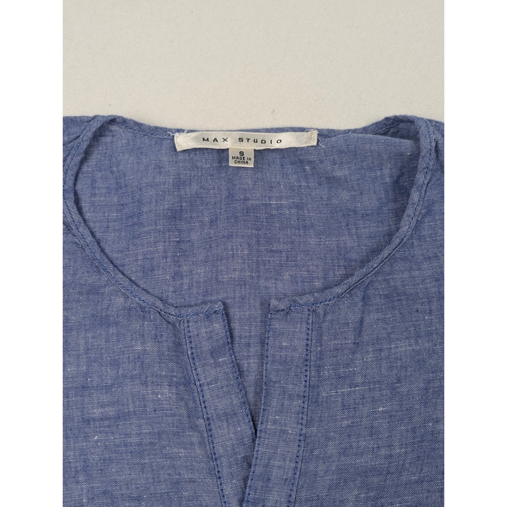 Max Studio Womens Blue Linen Blend Split Neck Button Blouse Size S - Picture 4 of 13